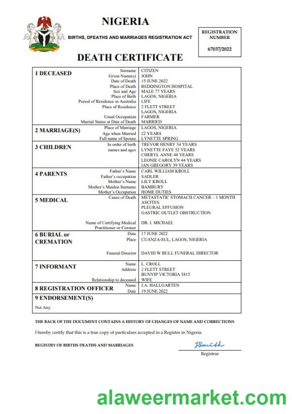 Nigeria vital record death certificate Word and PDF template